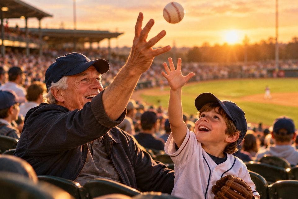 A grandfather and his son at a ballgame, both reaching up as a foul ball drops toward them