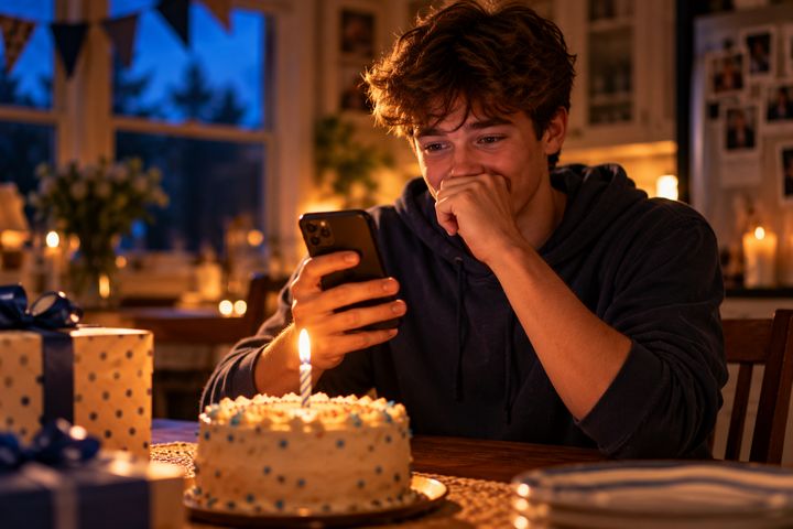 A young man at his birthday table with a cake, his phone ringing softly