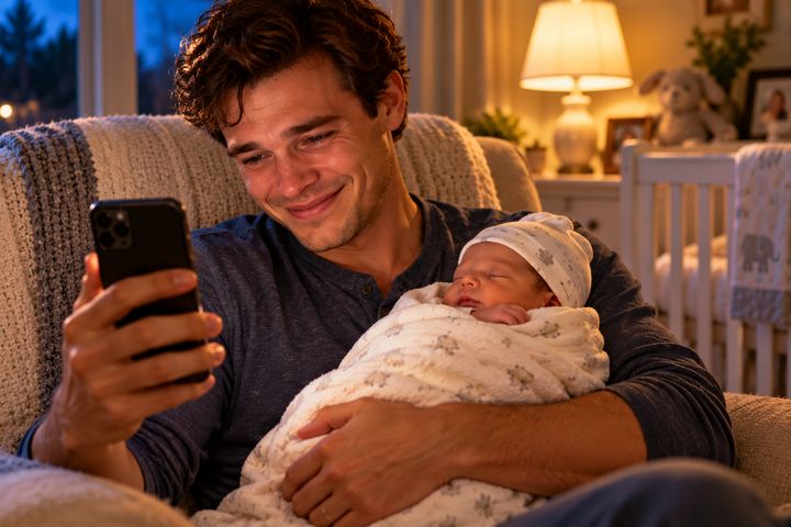 A new father rocking his sleeping baby at night, his phone ringing softly