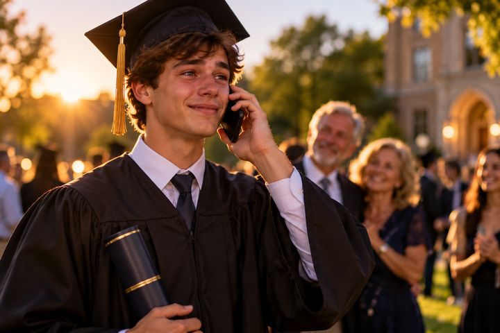 A graduate in cap and gown with a diploma, taking a call