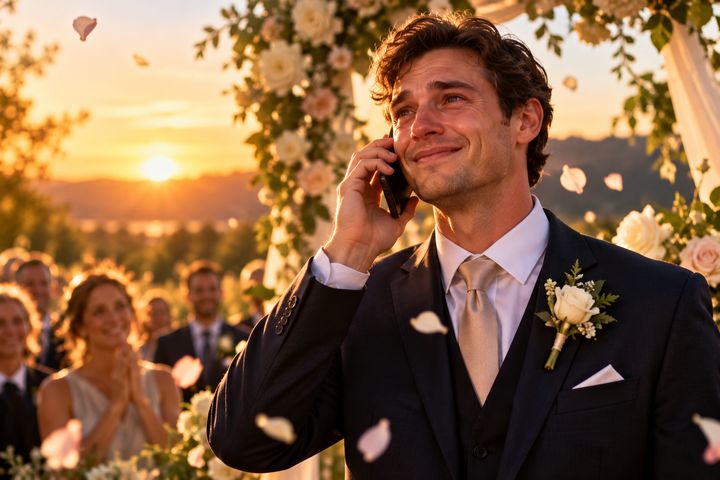 A groom under a flower arch with a phone to his ear while petals fall